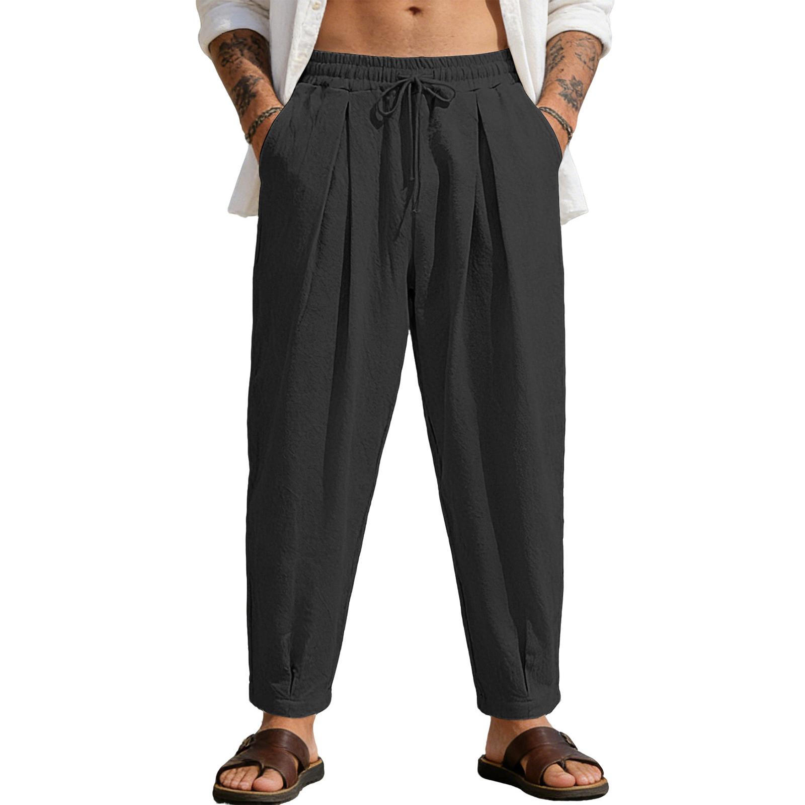 Men s Summer Cotton And Linen Casual Leg Trousers L чёрный