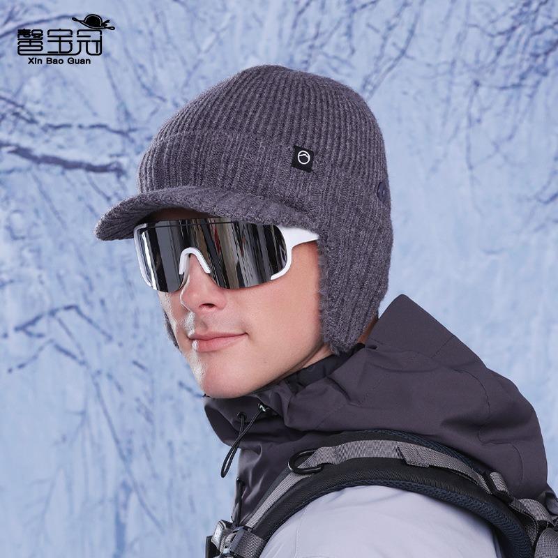 Winter Ear Protection Bag Hat Men's Cold Protection and Warmth Knitted Duck Tongue Baseball Cap Outdoor Riding Plush Wool Cap