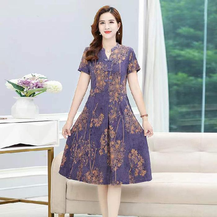 Solid Coloured Spring Summer Plus Size Women's  Medium Length Short Sleeved Retro Cheongsam Thin V Neck Dresses
