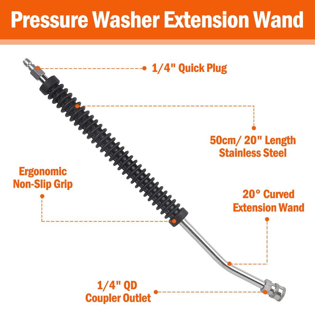 Car Pressure Washer Extension Wand, 20in Power Washer Wand Extension for Car Wash, Stainless Steel Non-Slip Grip, with 1/4” Quick Connect Plug