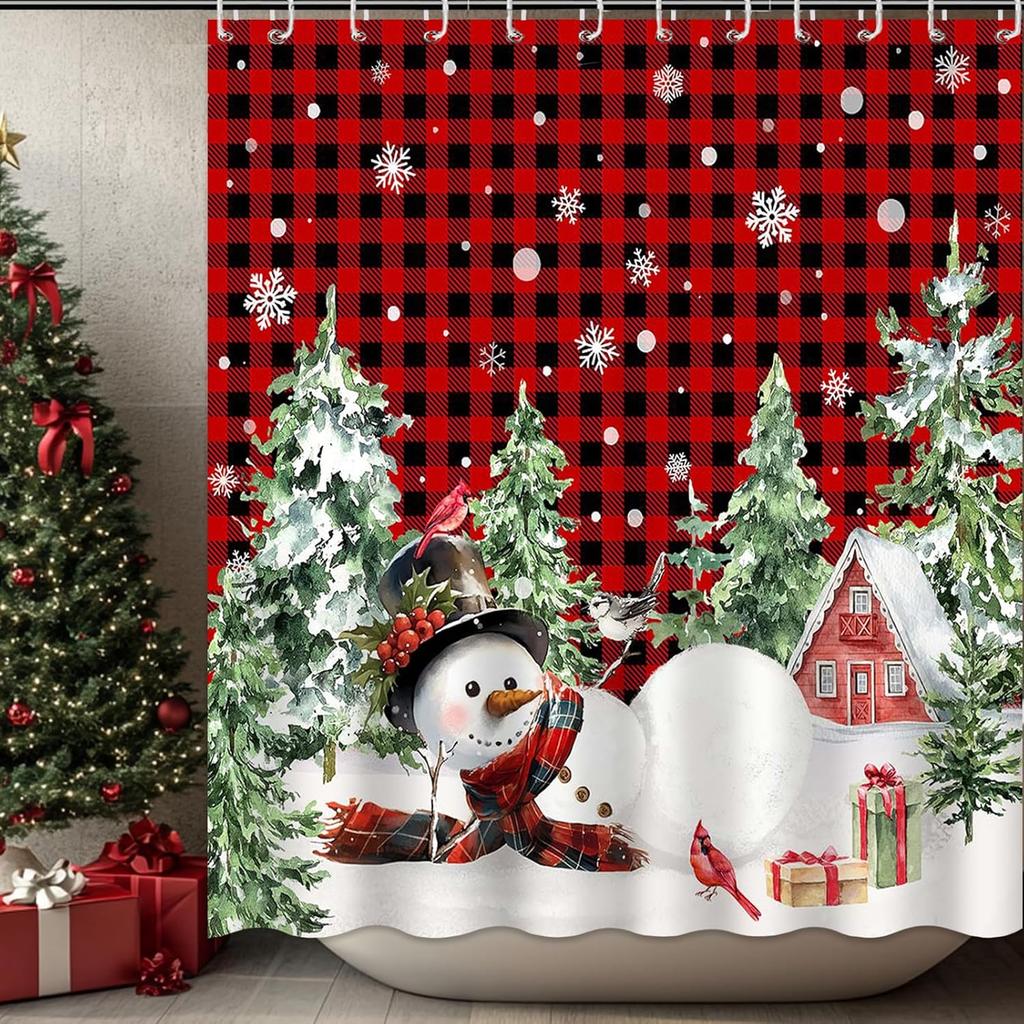 Merry Christmas Shower Curtain Cute Snowman Shower Curtain With 12 Hooks Red Buffalo Check Plaid Xmas Trees Winter Snowflake