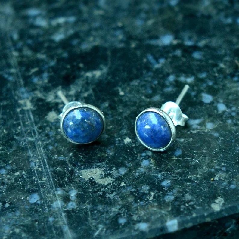Lapis Lazuli Round Stud Earring, Gift For Her, 925 Silver Stud, Silver Jewelry, Birthday Gift, Handmade Jewelry