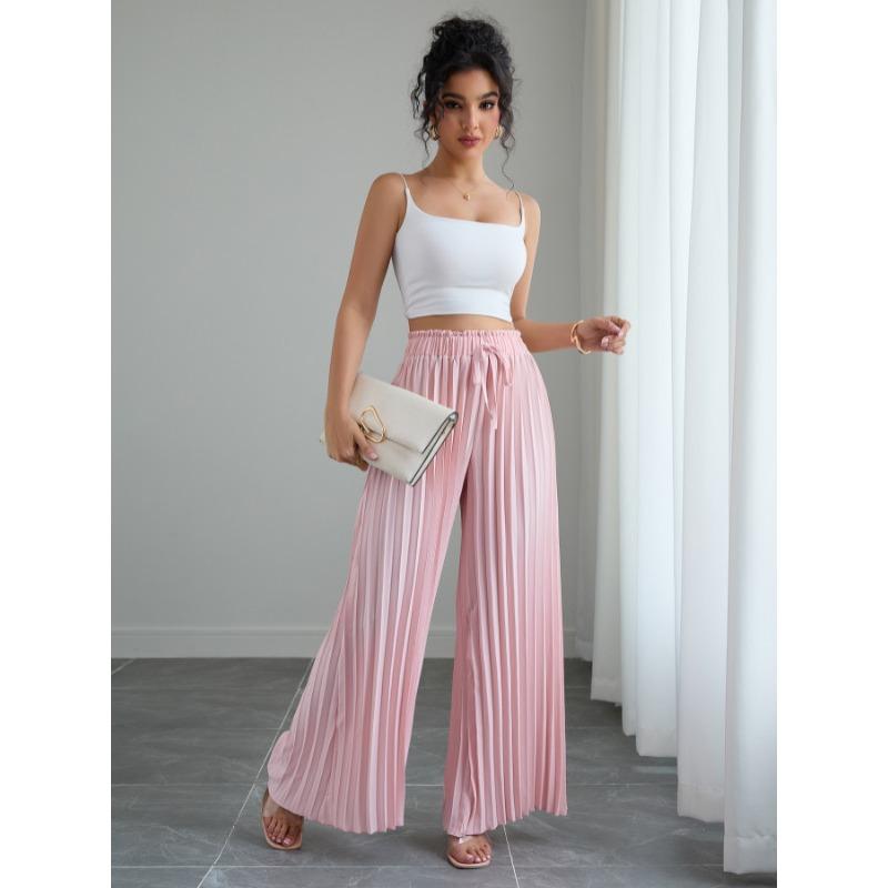 Fashion Loose Pleated Women's Long Pants Solid Color New Folded Elastic Waist Strap Loose Wide Leg Pants Casual Drawstring Trousers