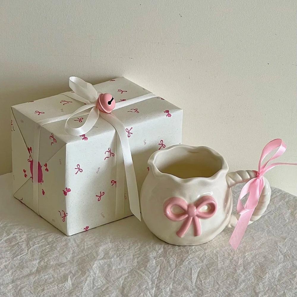 Cute Pink Relief Bow Ceramics Mug Cups Coffee Milk Drinks Ceramics Handle Cup with Box Girls Gift