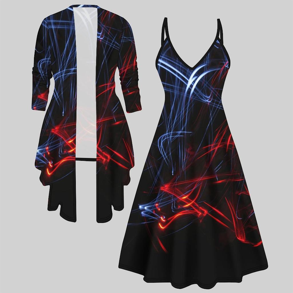Conjunto Vestido e Casaco Impresso em 3D, Combinação de Duas Cores com Design Simples, Estampa da Moda, adequado para Vários Cenários de Estilo da Moda