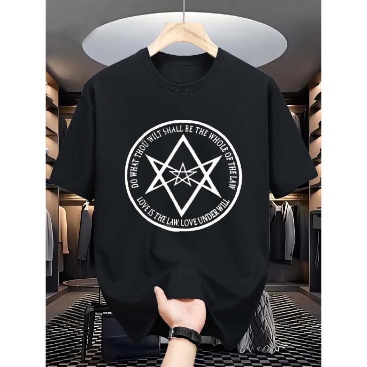 1Pc Men'S Graphic T-Shirt With Aleister Crowley Symbol Print - Black Short Sleeve Round Neck Casual Tee For