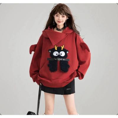 Women's Cartoon Print Hooded Sweatshirt Autumn Oversized Lazy Style Casual Coat