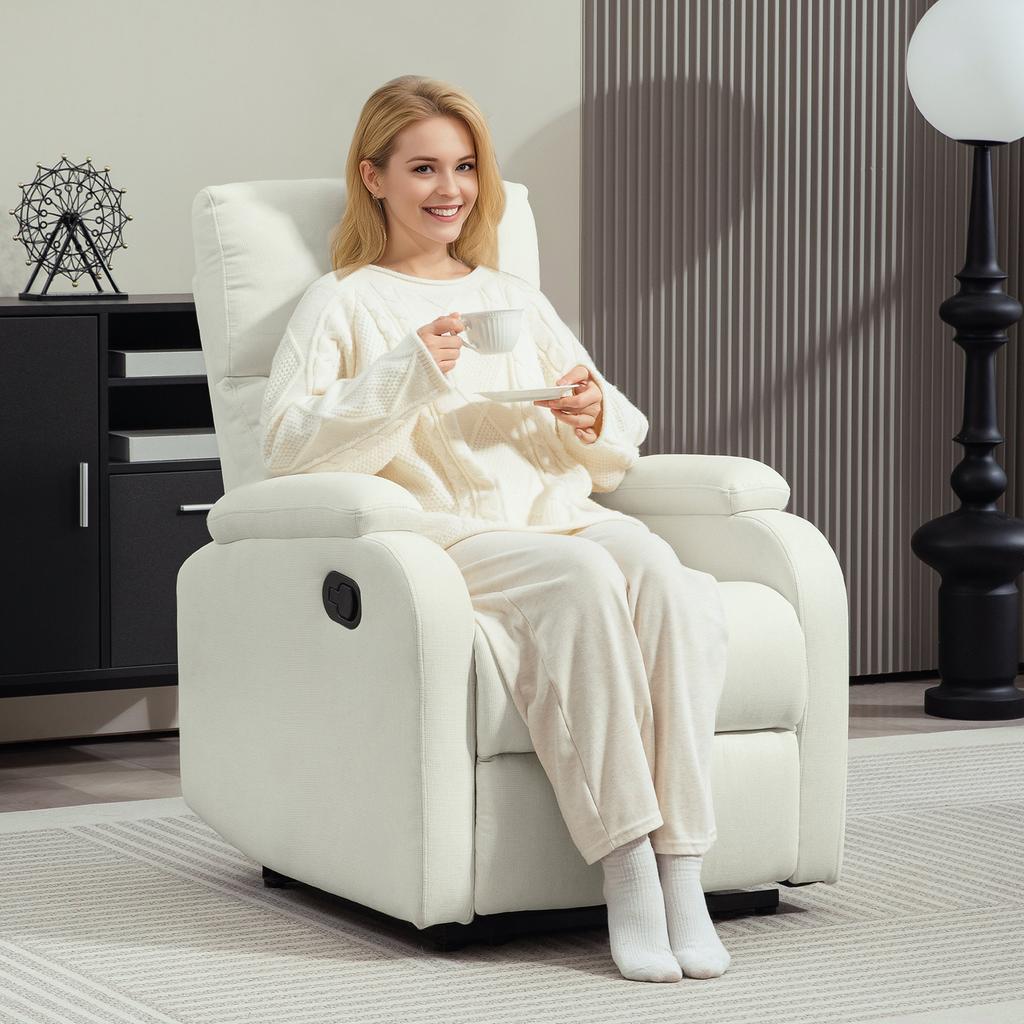 Manually Reclining Armchair to 60 degrees Extra Padded in Fabric with Footrest, Cream