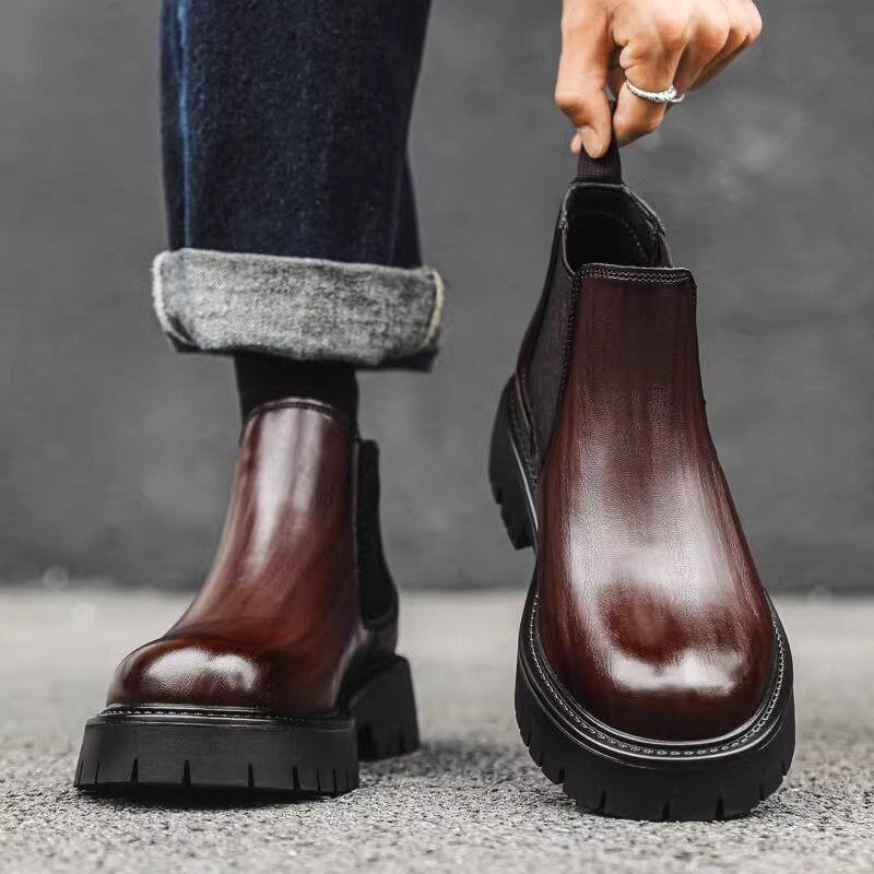 Men's Black & Brown Chelsea Boots - Thick Sole, High-Top Martin Style, British Fashion 2113