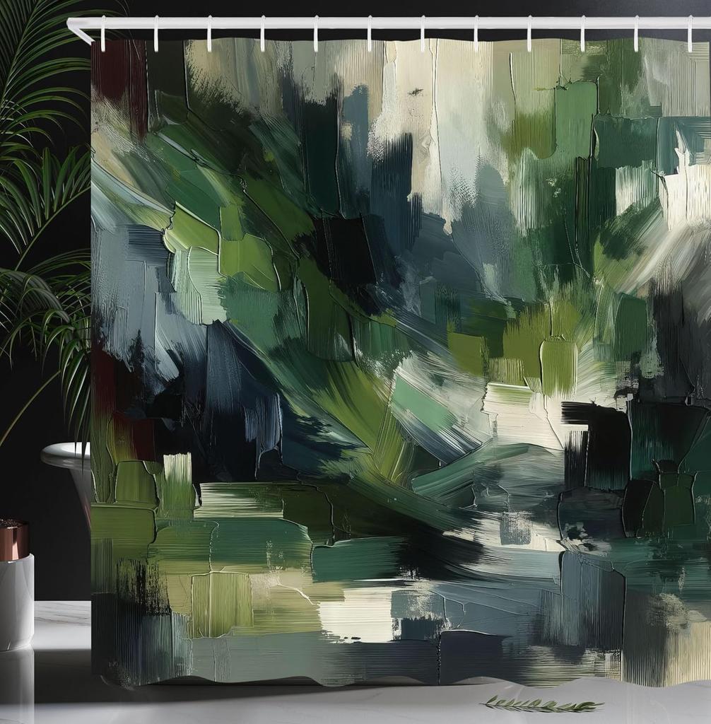 Sage Green Shower Curtain, Hexagon Honeycomb Pattern with Abstract Trippy Ornaments Jade Tones, Cloth Fabric Bathroom Decor Set