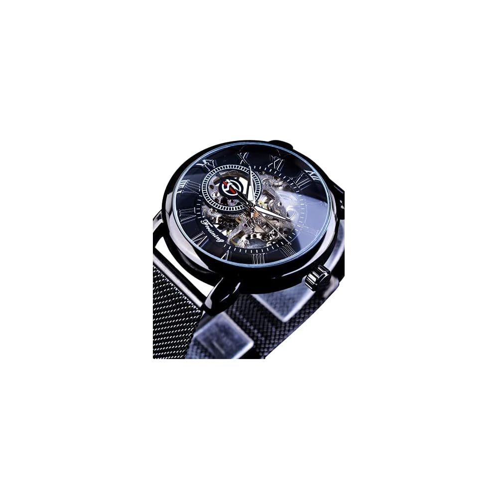 Forsining Men's Minimalist Retro Design Skeleton Watch Black with Transparent Business Mesh Band