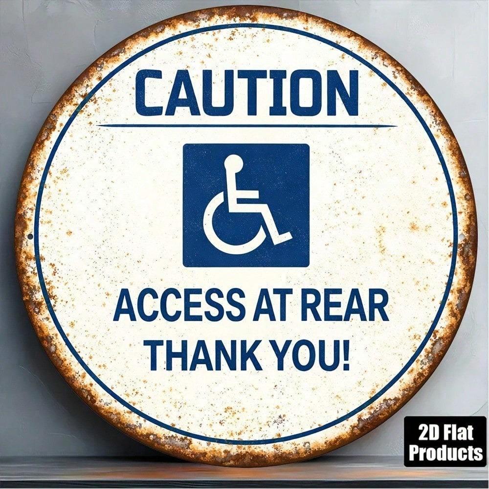 1pc Vintage Round Metal Sign Retro Accessible Pathway Rear Entrance Warning Plaque 2D Flat Door Sign Office Public Commercial Decor