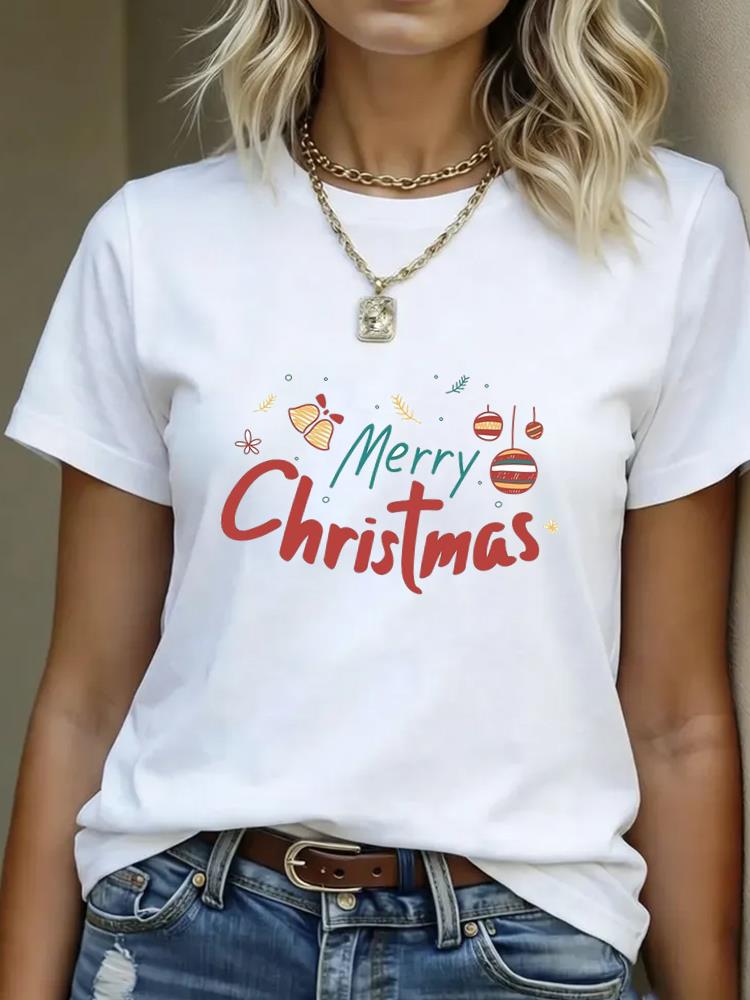 (Asian Size) T Shirt Print Casual New Year Short Sleeve T-shirts leopard Merry Christmas Fashion Women's Top O-neck Clothing Graphic Tee