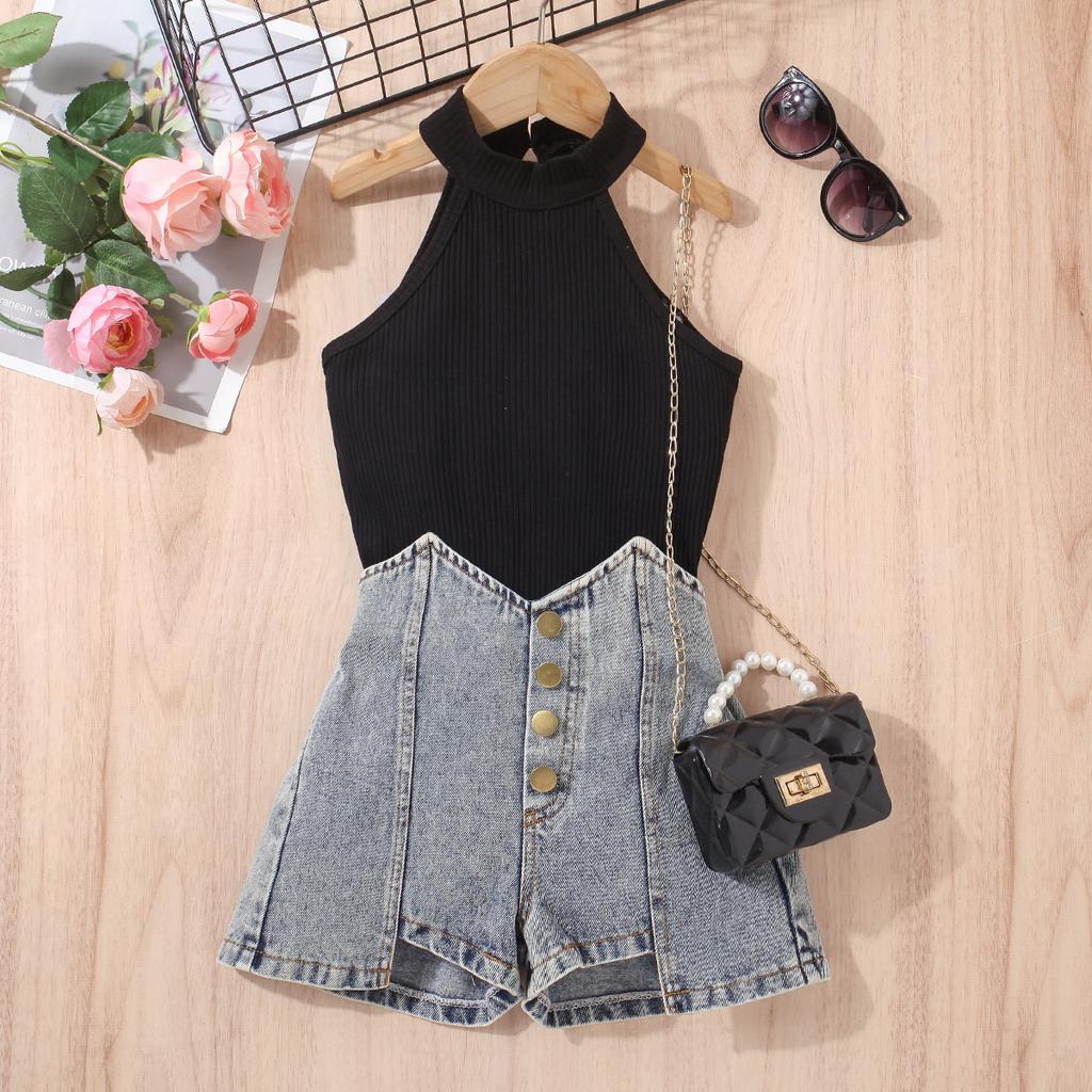 Girls' Fashion Set: Summer Children's Solid Color Sleeveless Off-the-shoulder Pullover, Ripped Denim Shorts Two-piece Set