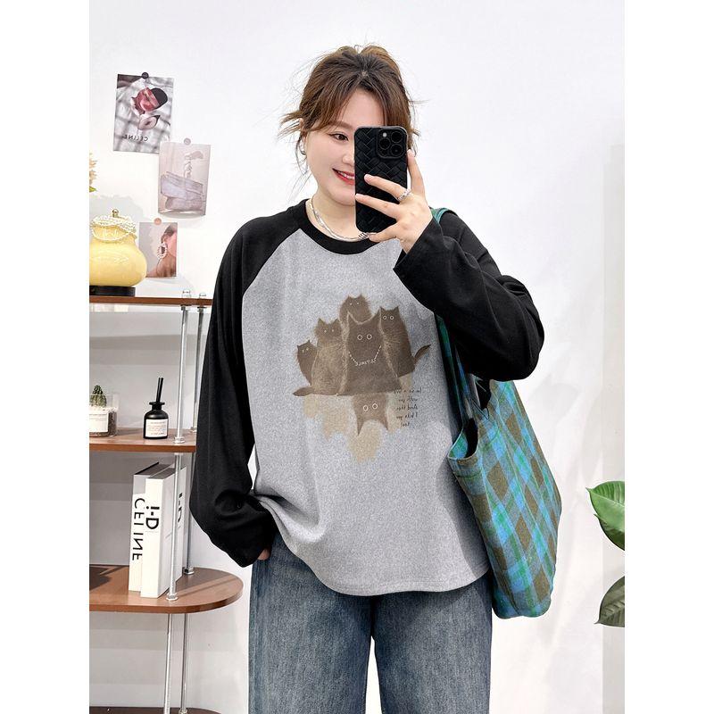 Plus-Size Women's Raglan Sleeve Patchwork Long-Sleeve T-Shirt Top, Spring and Autumn 2026 New Style, Slimming Base Layer for Slightly Chubby Women
