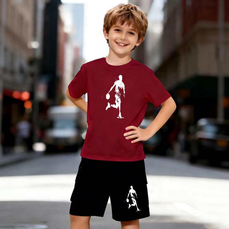 Boys 2 Piece Basketball Theme Print Outfit, Short Sleeve T-Shirt and Shorts Set for Kids Age 5-14, Black and White Sporty Casual Summer Clothes