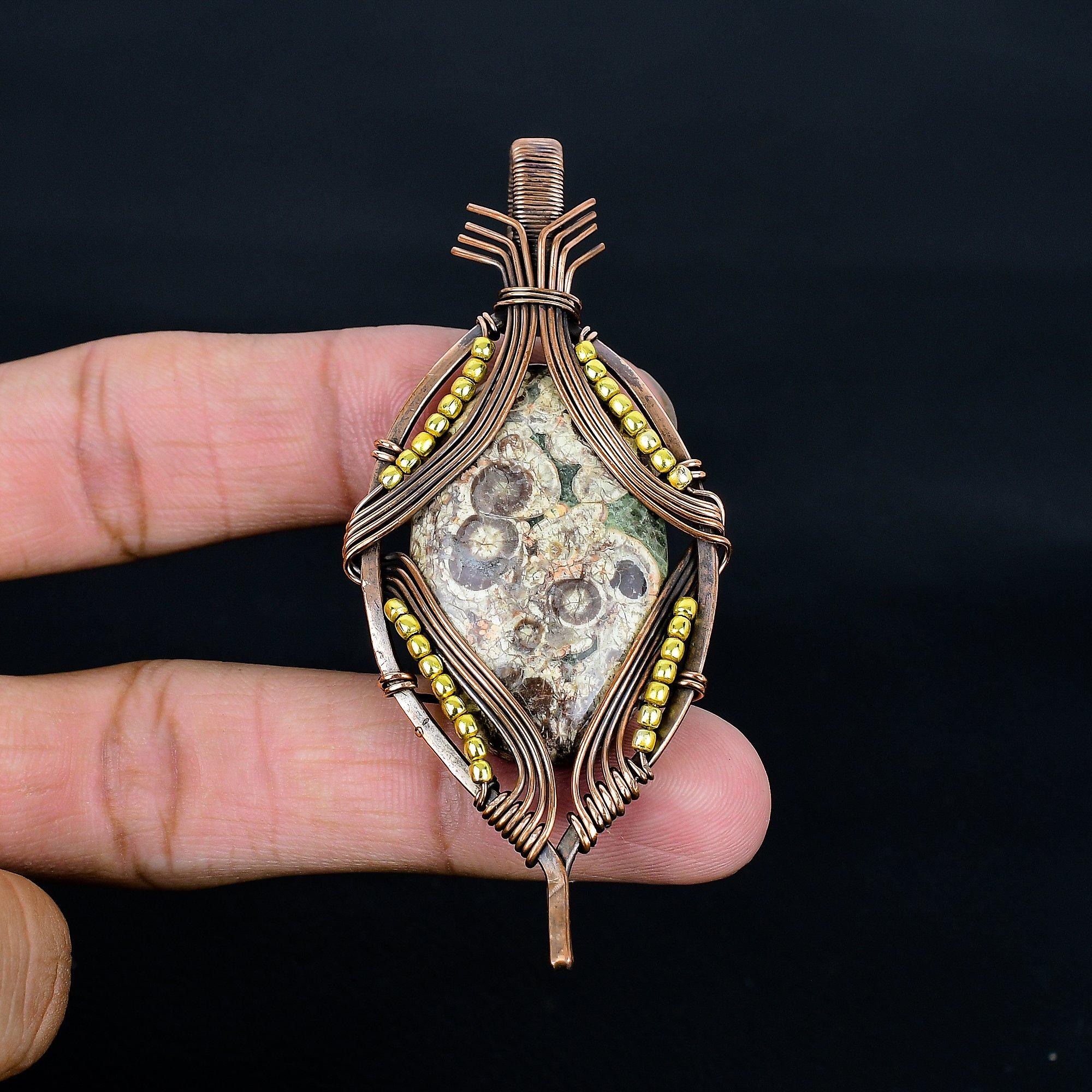

Crocodile Jasper 999 Copper Wire Wrapped Pendant, Handmade Gemstone Jewelry Pendant Gift For Birthday 2.55 Inches