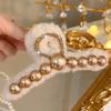 2025 New Year Red Plush Pearl Claw Clip - Stylish Women's Shark Hairpin Accessory for Buns and Hair Styling