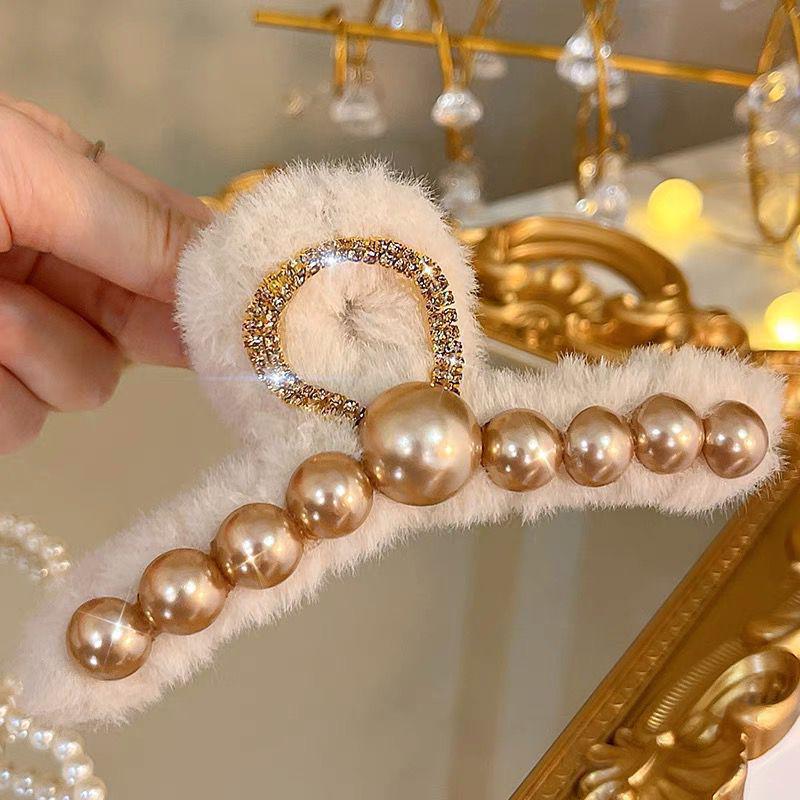 2025 New Year Red Plush Pearl Claw Clip - Stylish Women's Shark Hairpin Accessory for Buns and Hair Styling