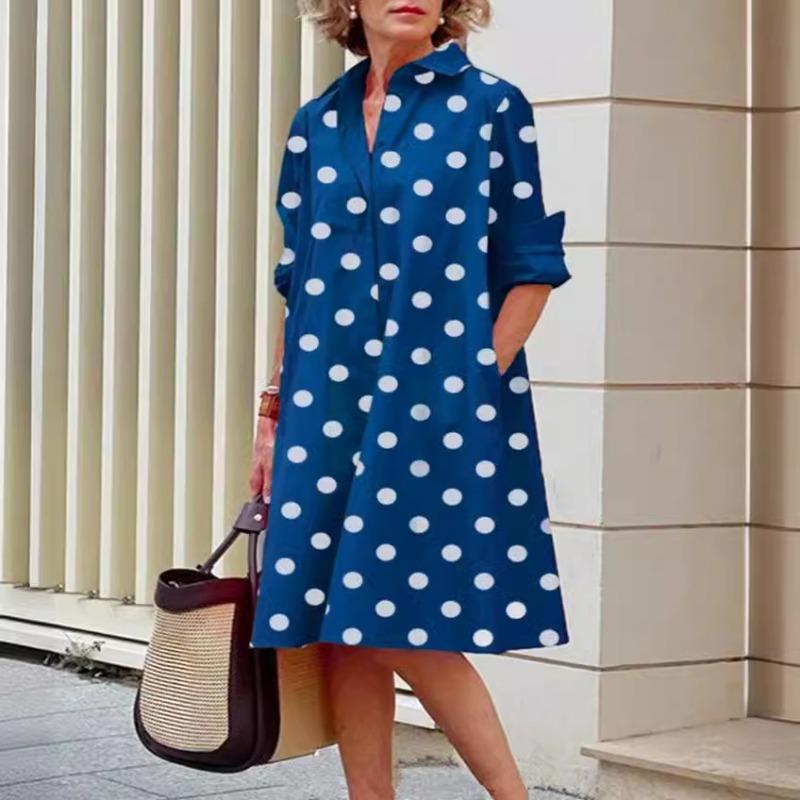 Novos produtos de outono, camisa com gola estampada de bolinhas de temperamento fashion, manga comprida, vestido médio e longo