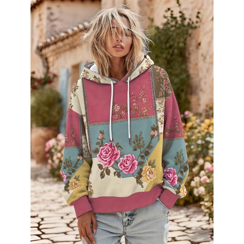 Damen Kapuzenpullover im Bohemian-Stil mit floralem Patchwork