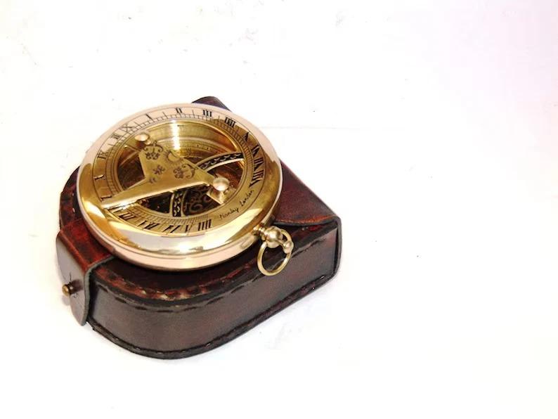

Nautical Marine Brass Push Button Pocket Sundial Compass W/Leather Box Gift