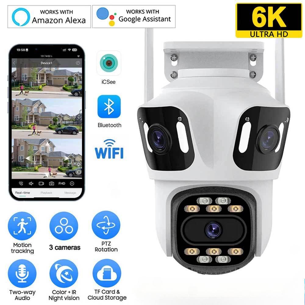 Three Lens Three Screen WiFi Camera 6K 8MP Four Lens 8X Zoom Outdoor PTZ Security Camera Smart Security Protection IP Cam CCTV Video Camera EU Plug