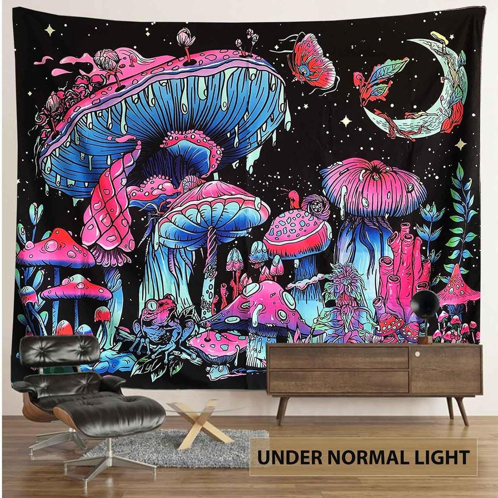 TUGCAY Blacklight Mushroom Tapestry, Glow In The Dark Tapestry Black Light Plant Fantasy UV Reactive Mushroom Butterfly Moon Tapestries Posters Wall