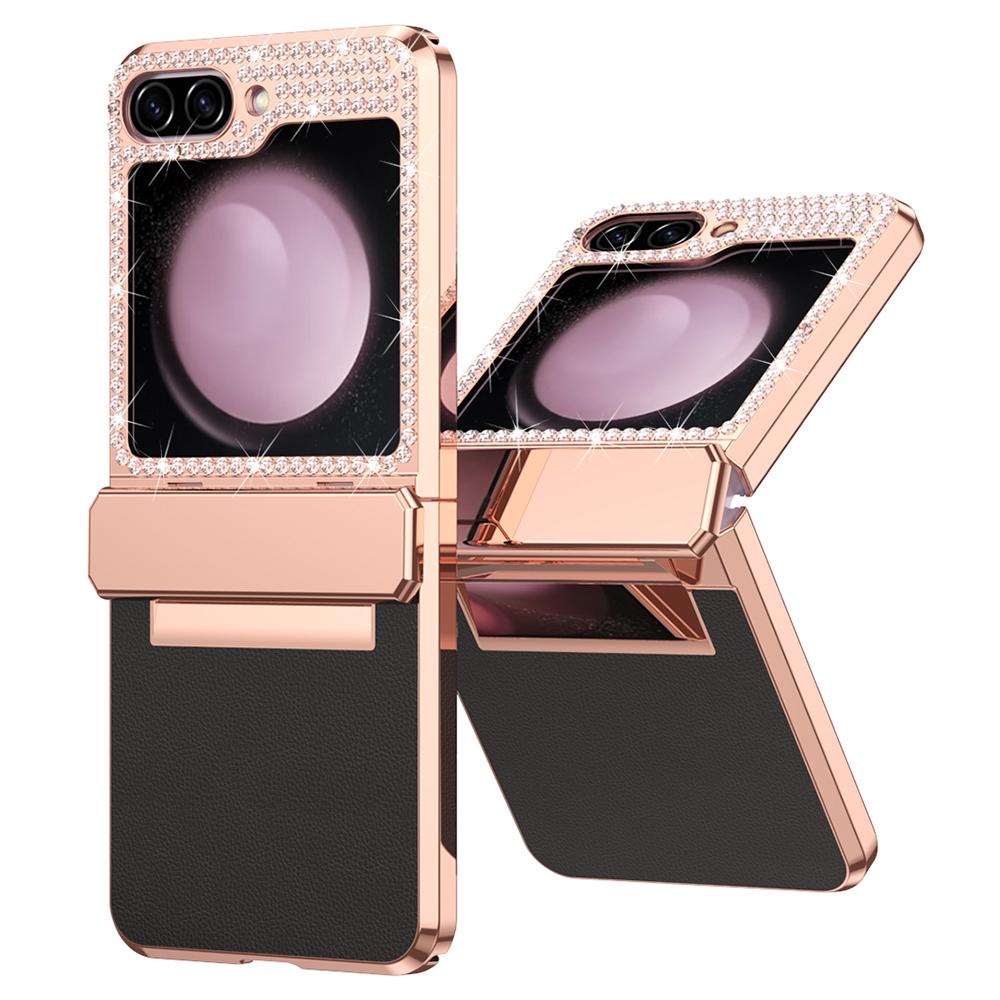 For Samsung Galaxy Z Flip7 FE 5G/Flip6 5G Case Rhinestone Decoration Electroplating PU Leather+PC Phone Cover