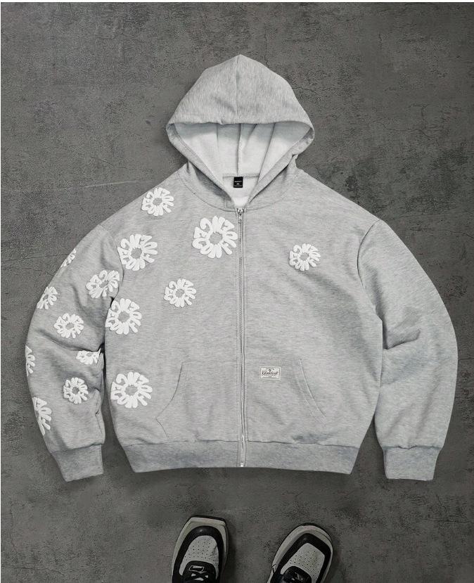 Heißer Verkauf 3D-Druck, Kapuzenpullover mit Reißverschluss und Blumenmuster Street Style Lockerer Cardigan Jacke Lagerware XXXL licht grau