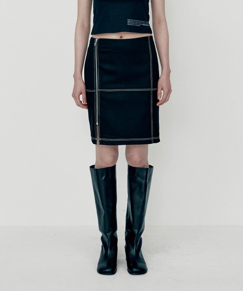 Moseullu Zipper Denim Midi Skirt (Black)