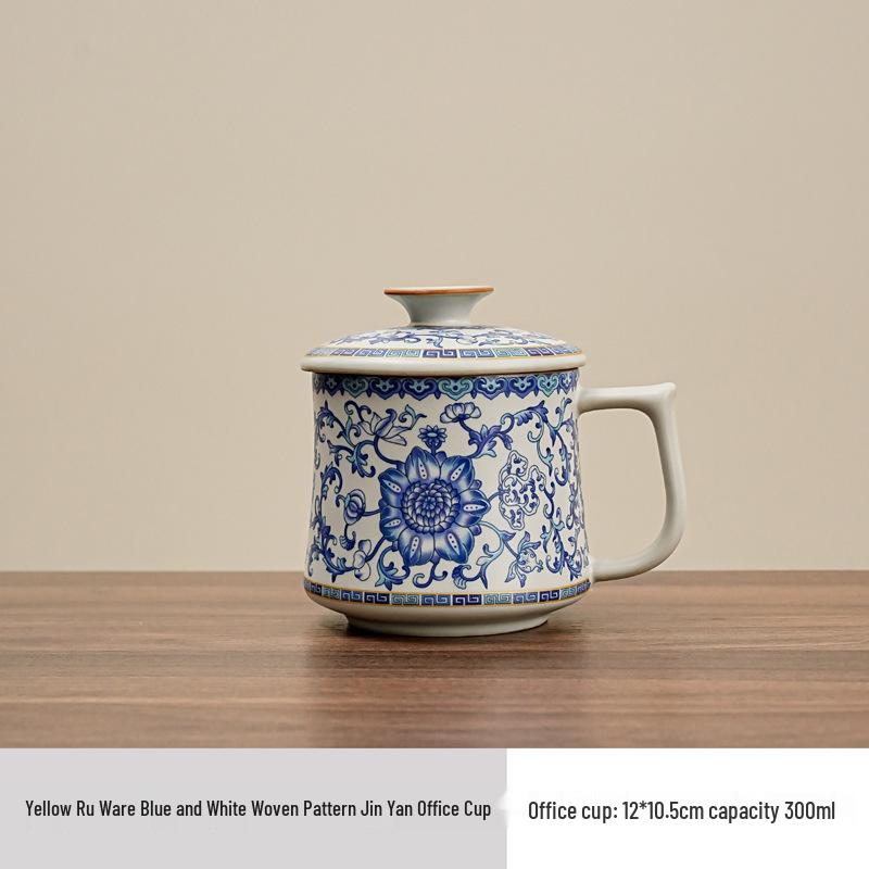Blue & White Ceramic Office Mug with Yellow Ru Ware Floral Design
