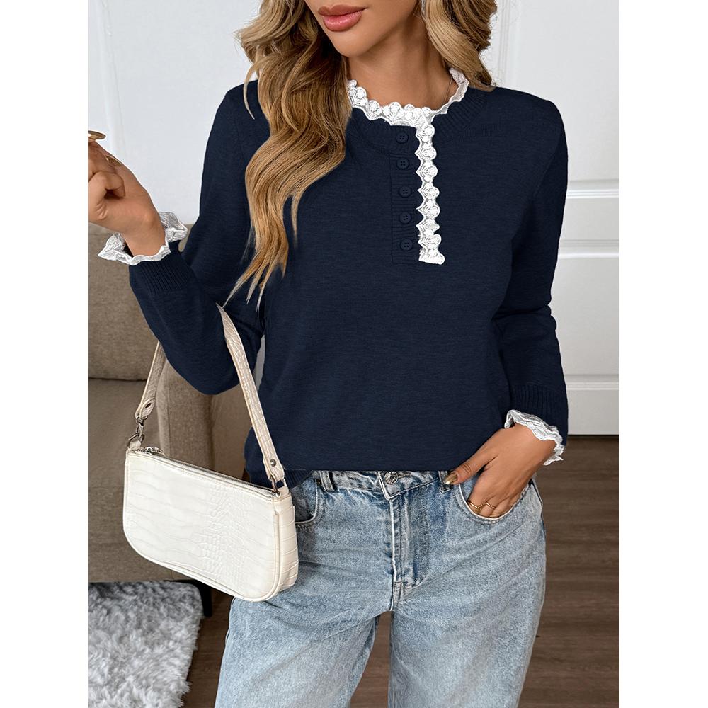 Women's Fall Long Sleeve Sweaters Lace Trim Mock Neck Cozy Trendy Knit Pullover Tops