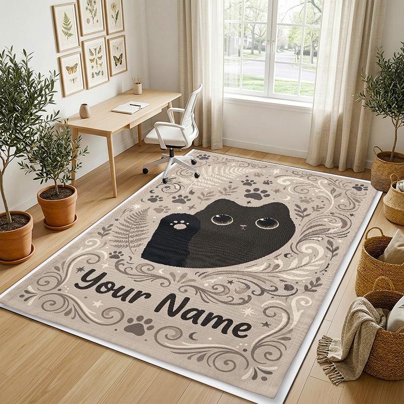 Cat Art Theme Soft Crystal Velvet Rug Custom Name & Text Print Non Slip Floor Rug for Bedroom Living Room