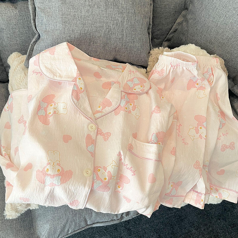 

Japanese new pink bow Melody girls pajamas summer short sleeves shorts cardigan set loungewear S