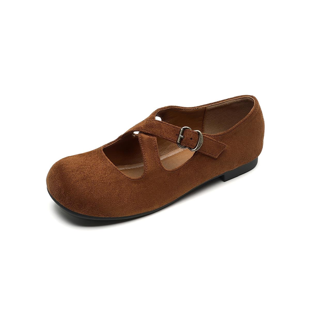 

Модные туфли Мэри Джейн для женщин 2025 весна-лето новые балетки с перекрестными ремешками, ретро туфли-лодочки с круглым носком и мелким вырезом для женщин 35 коричневый