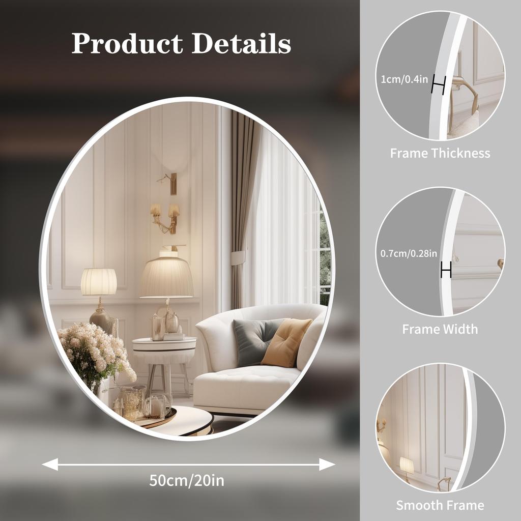 ANYHI 50cm white round mirror, wall-mounted mirror, bathroom mirror, round wall mirror, suitable for bathrooms, bedrooms, and entryways