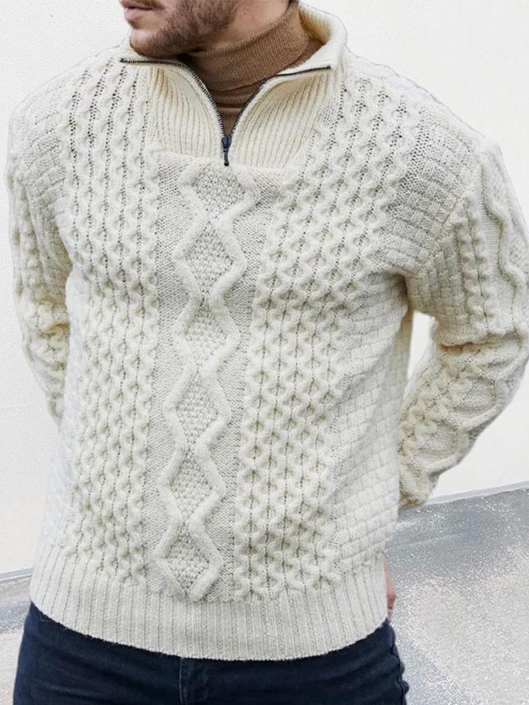 2025 Autumn/Winter Men's High Neck Zipper Cable Knit Sweater