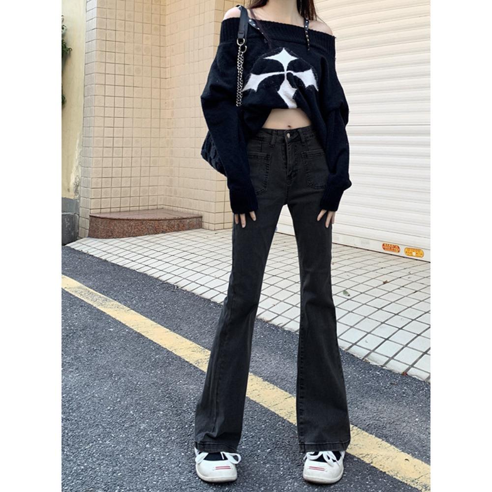 Retro Korean Version of Micro-flared Jeans for Women's Spring and Autumn New High-waisted and Thin Spice Girl Wide-leg Jeans