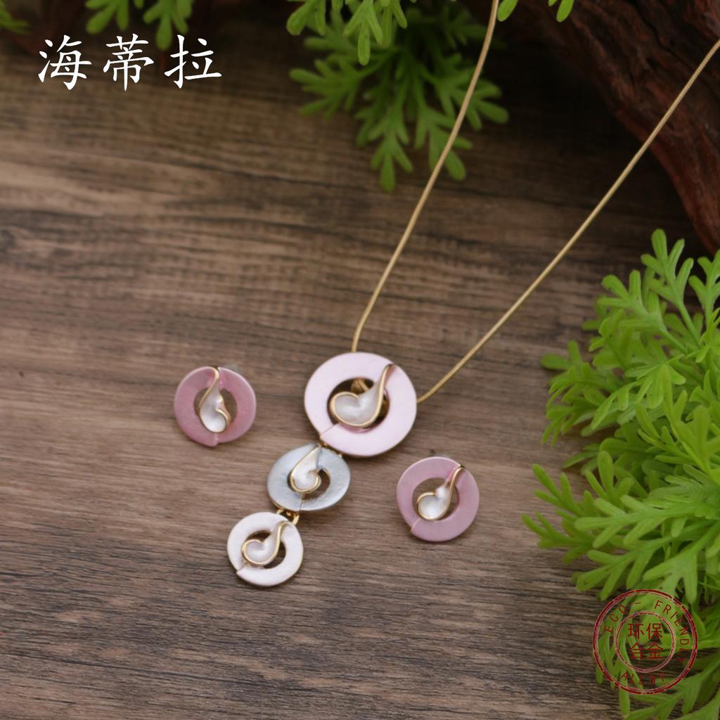 Neuer Emaille-Farbe runder hohler geometrischer Blütenblatt-Ohrstecker Anhänger Set, vielseitige Damen-Blumenkette