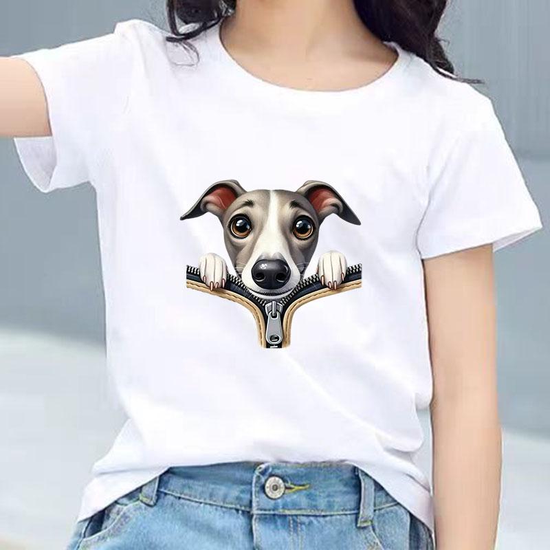 Kids Cotton T Shirt Adorable Whippet Dog Zipper Print Crew Neck Short Sleeve Tee Casual Breathable Boys Girls Summer Tops