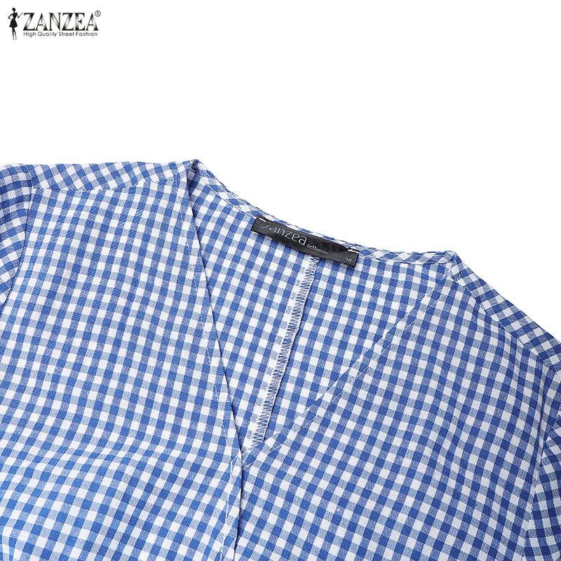 ZANZEA Women Casual V-Neck Summer Short Sleeve Plaid Print Dress