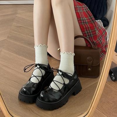 2024 Spring and Autumn Fashionable Women's Shoes Solid Color Round Toe Shallow Mouth Lace-Up Glossy Thick Heel Mary Jane