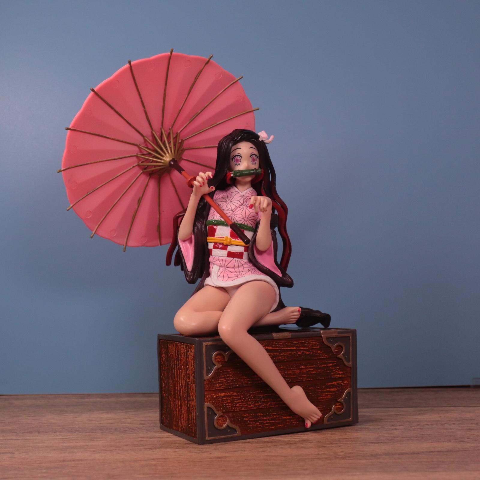 

Cartoon Anime Demon Slayer Action Figure Nezuko Kamado Sitting Posture Flower Umbrella Scene Model Statue Decoration Toy No box