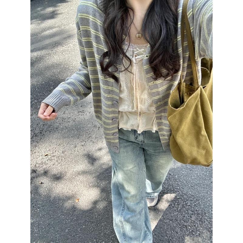 Chic design button-striped cardigan women's coat spring and autumn contrasting colors casual relaxation long-sleeved sweater top