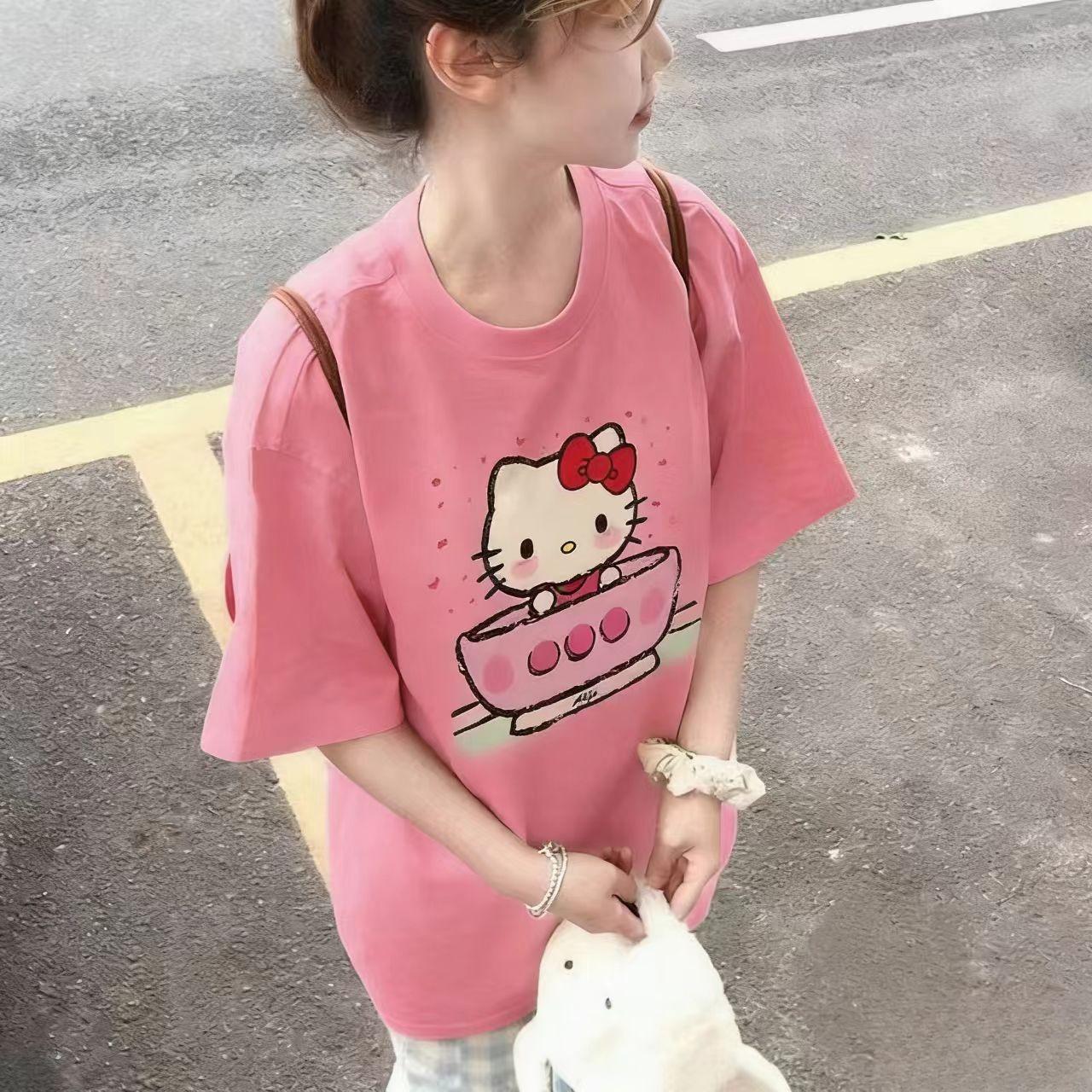 

Sanrios 2026Summer New Collection HelloKitty Cartoon Print Pure Cotton LooseFitting Breathable Womens ShortSleeved TShirt S