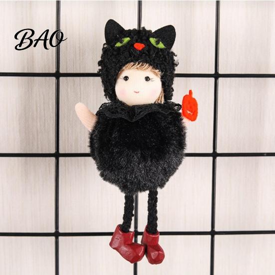 Cute Spooky Plush Toy Halloween Hanging Witch Doll with Lanyard, Furry Pom Lace Details Ball Ornament for Doors Windows Trees Party Decor Bar