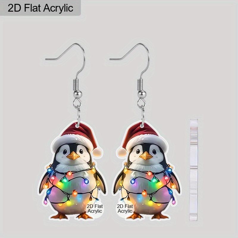 2D Flat Cartoon Penguin Light Bulb Santa Hat Acrylic Dangling Hook Christmas Earrings for Women Lightweight Statement Funny Animal Dangle Drop Earring