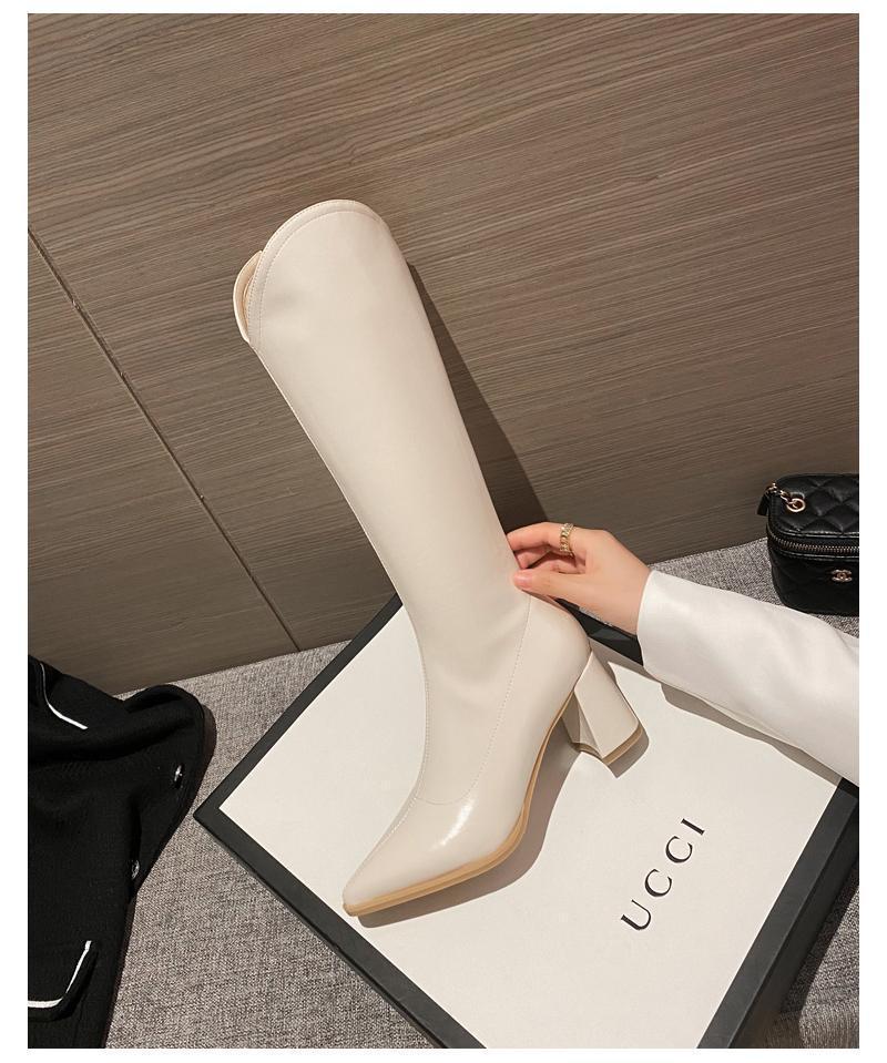 Women's White Non-Slip High-Top V-Cut Knight Boots - Pointed Toe, High Heel, Autumn/Winter 2025