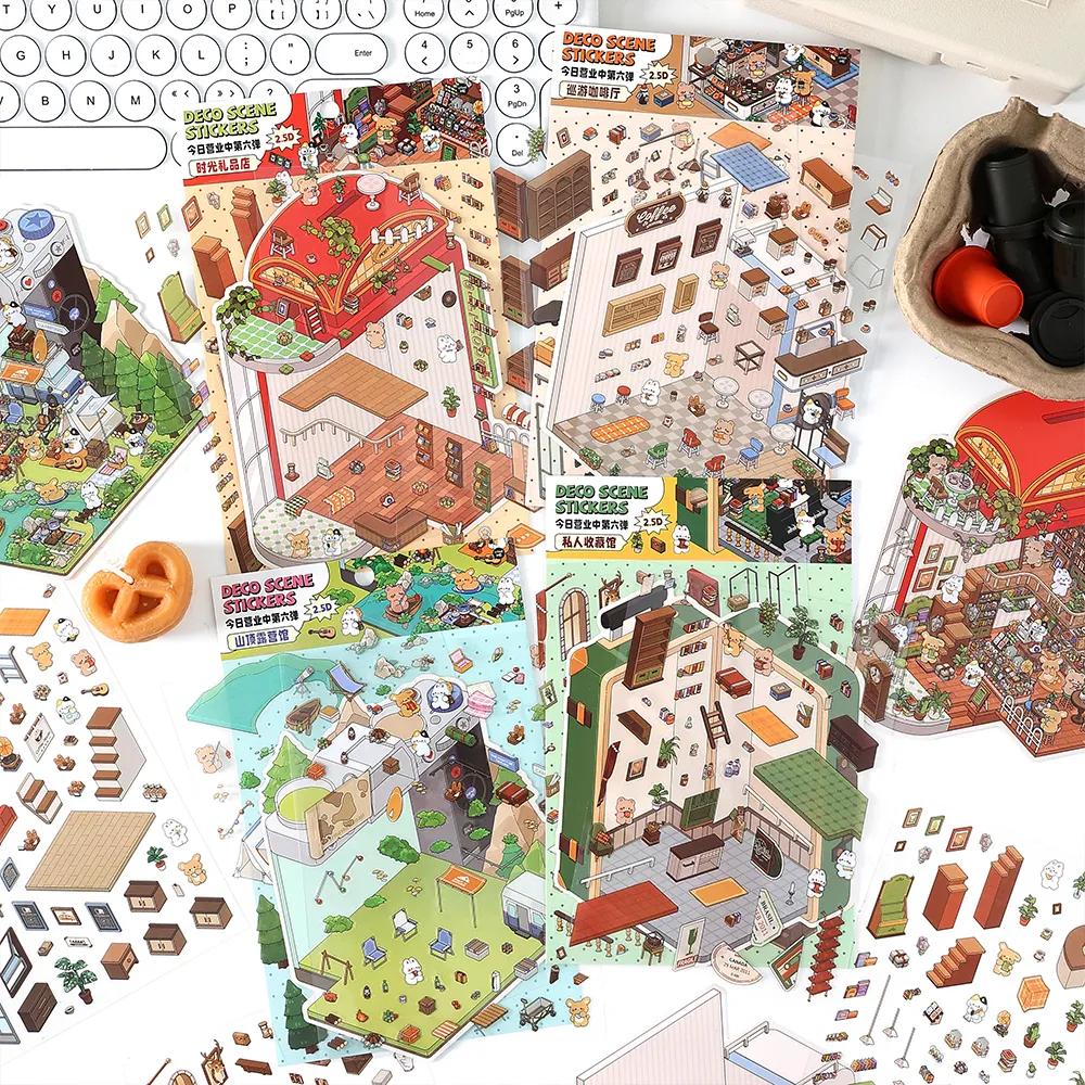 Cartoon Travel Diary Landscape Sticker 2.5D Cabin Scene DIY Toy Game Sticker Festival Birthday Gift for Kid Child Girl